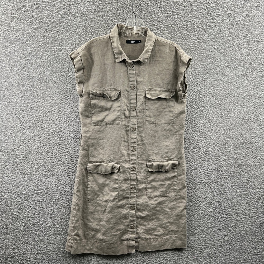 Womens Linen Safari Shirt‎ Dress 40 Taupe Utility Minimalist Coastal Lagenlook